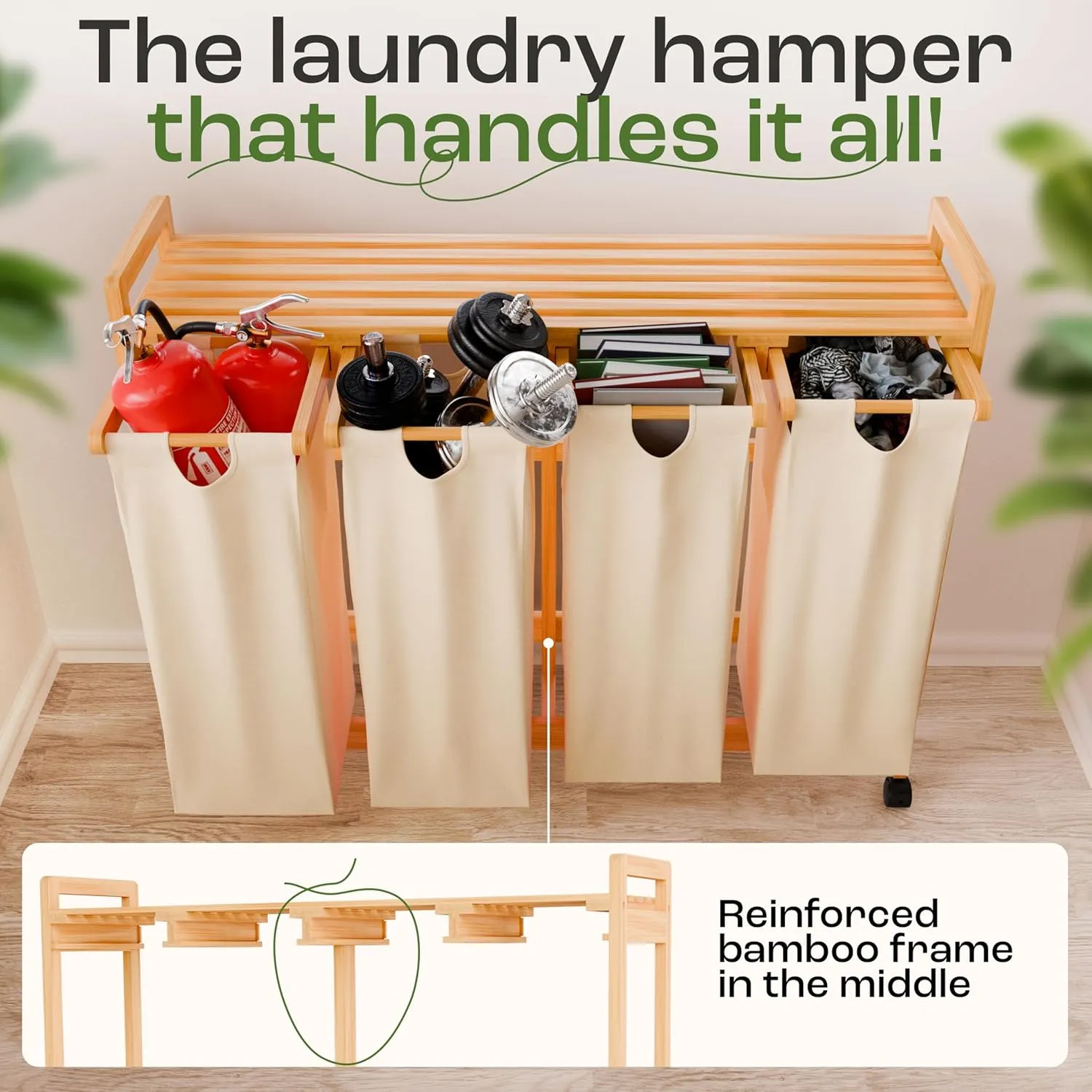 4-Section Laundry Sorter with Wheels – Removable Cotton Bags, Eco-Friendly Bamboo, Stylish Design