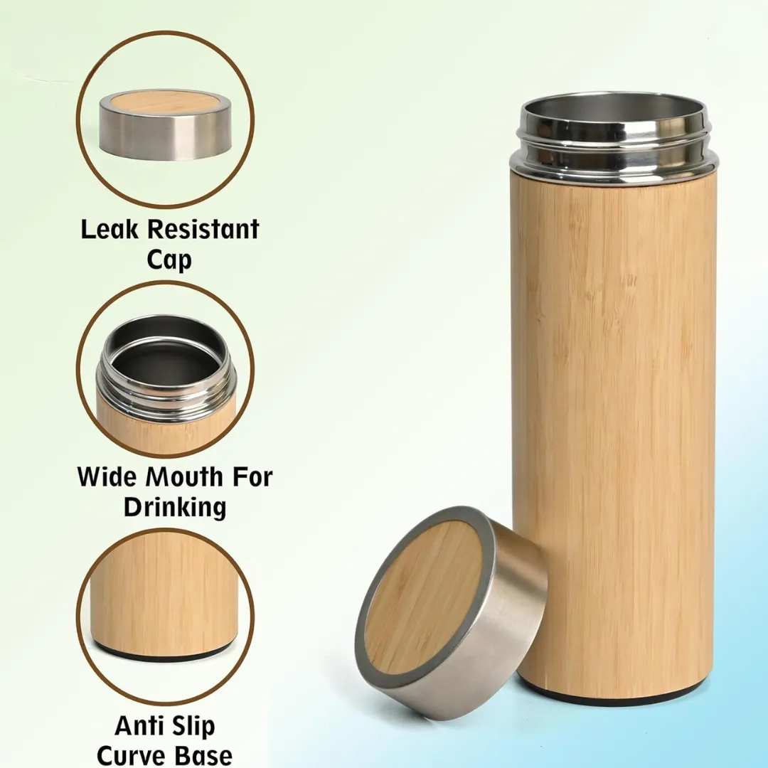 Bamboo Insulated Stainless Steel Water Bottle Flask, For Home & Office