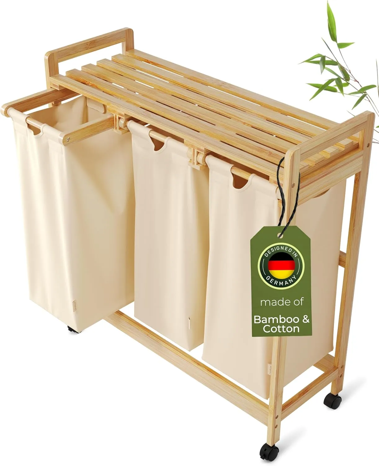 Bamboo Laundry Basket with Wheels – Large 3-Section Sorter with Removable Cotton Bags