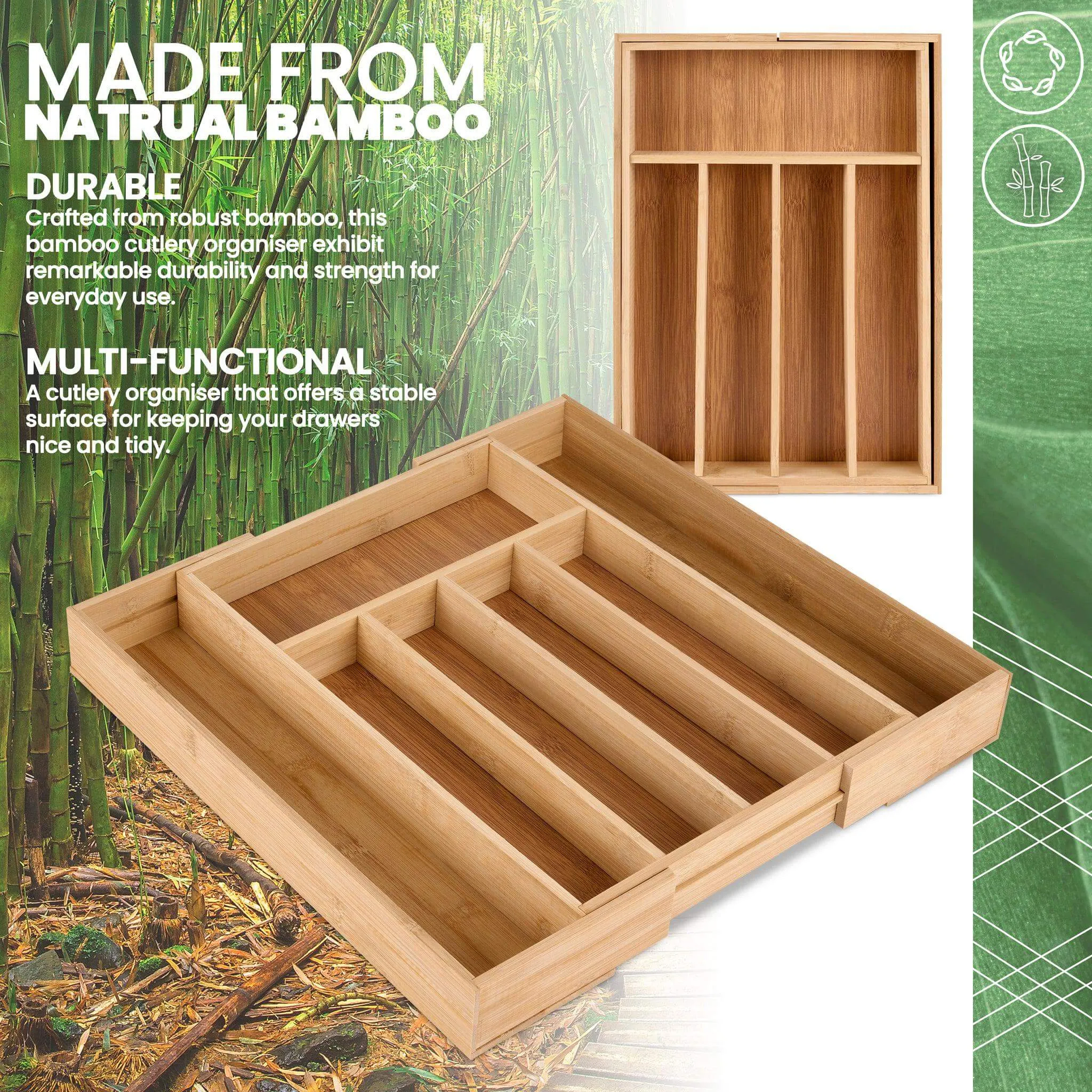 Expandable Bamboo Utensils Cutlery Tray