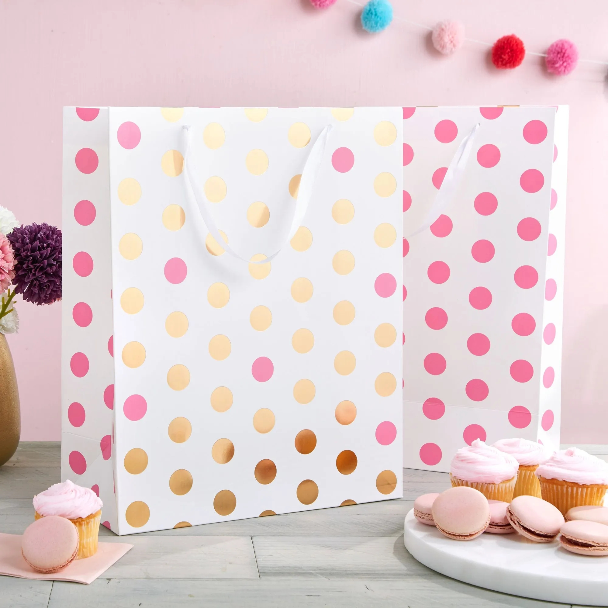 Extra Large Gift Bags for Birthday Party, Girl Baby Shower, Pink Polka Dots (6 Pack)