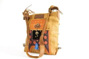 Sabrina - Vintage Shoulder Bag in Caramel Colour Hemp & Vintage Hmong Tribal Fabric