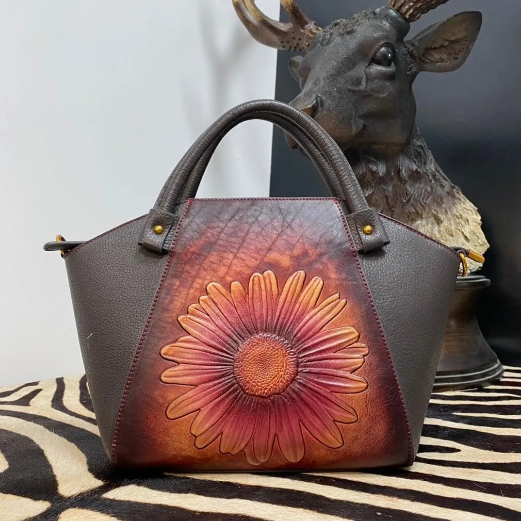 The Flower Power Leather Tote Bag | Limited Edition | Handmade Purse | Leather Handbag | Cowhide Leather Women Bag | Birthday Gift For Her